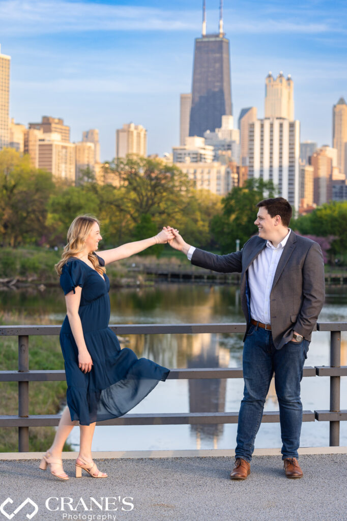 A modern engagement session pose at Lincoln Park on summer day.