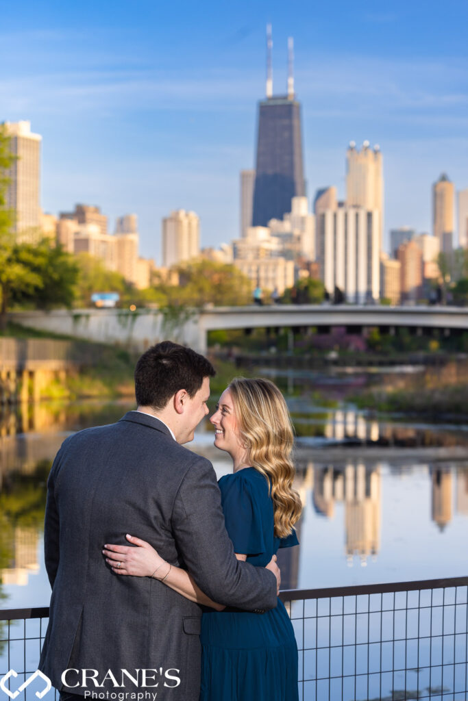 An Engagement Session at Lincoln Park with the city of Chicago in the background,