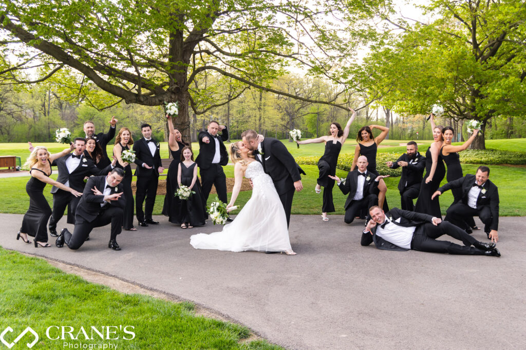A fun wedding party photo taken at Royal Melbourne Country Club in Long Grove, IL.