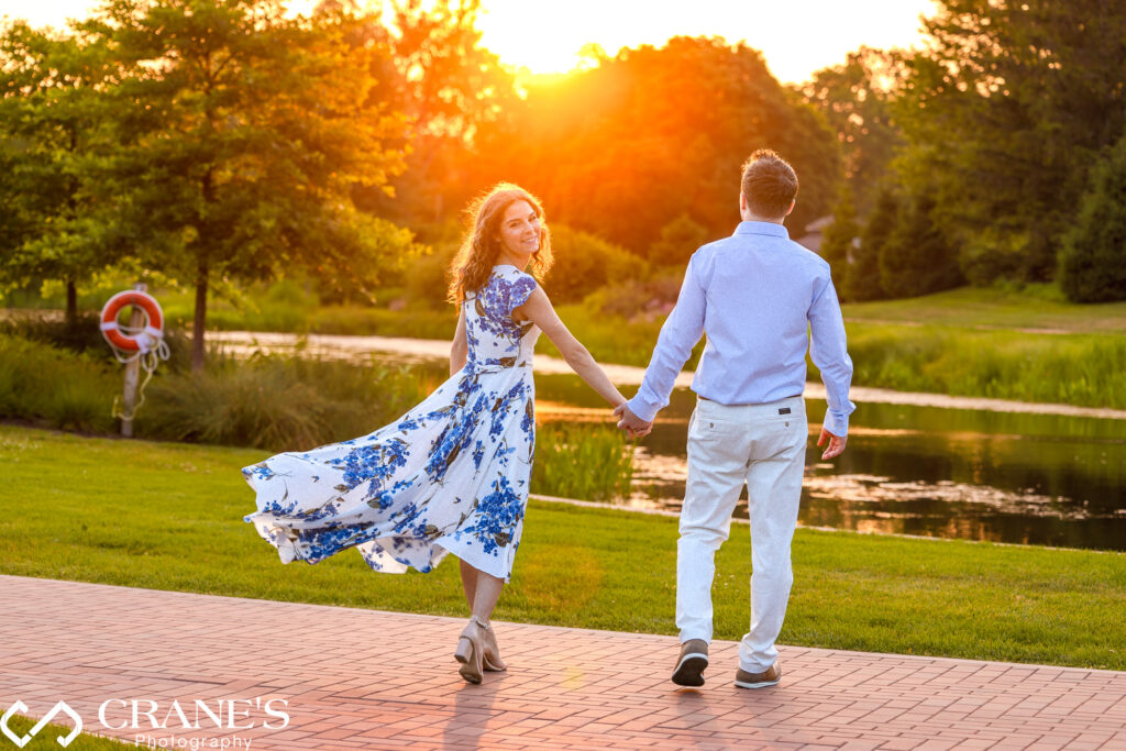 Sunset engagement photo at Cantigny Park on a summer day