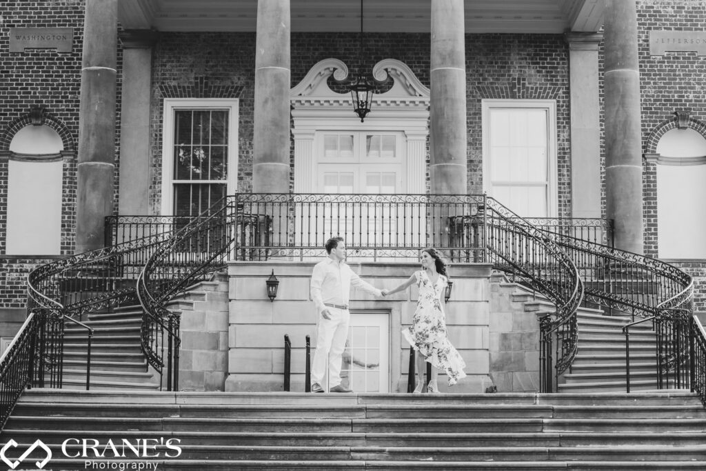 A summertime engagement session at Cantigny with Robert R. McCormick House in the background