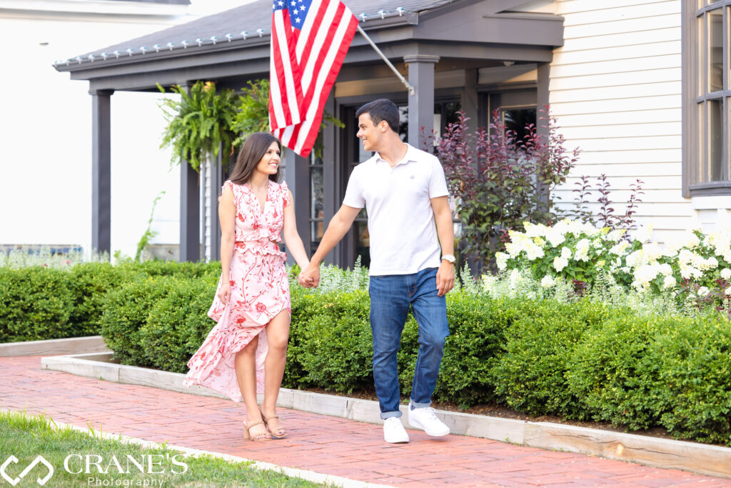 The quaint stores at downtown Long Grove offer a great background for an engagement session.