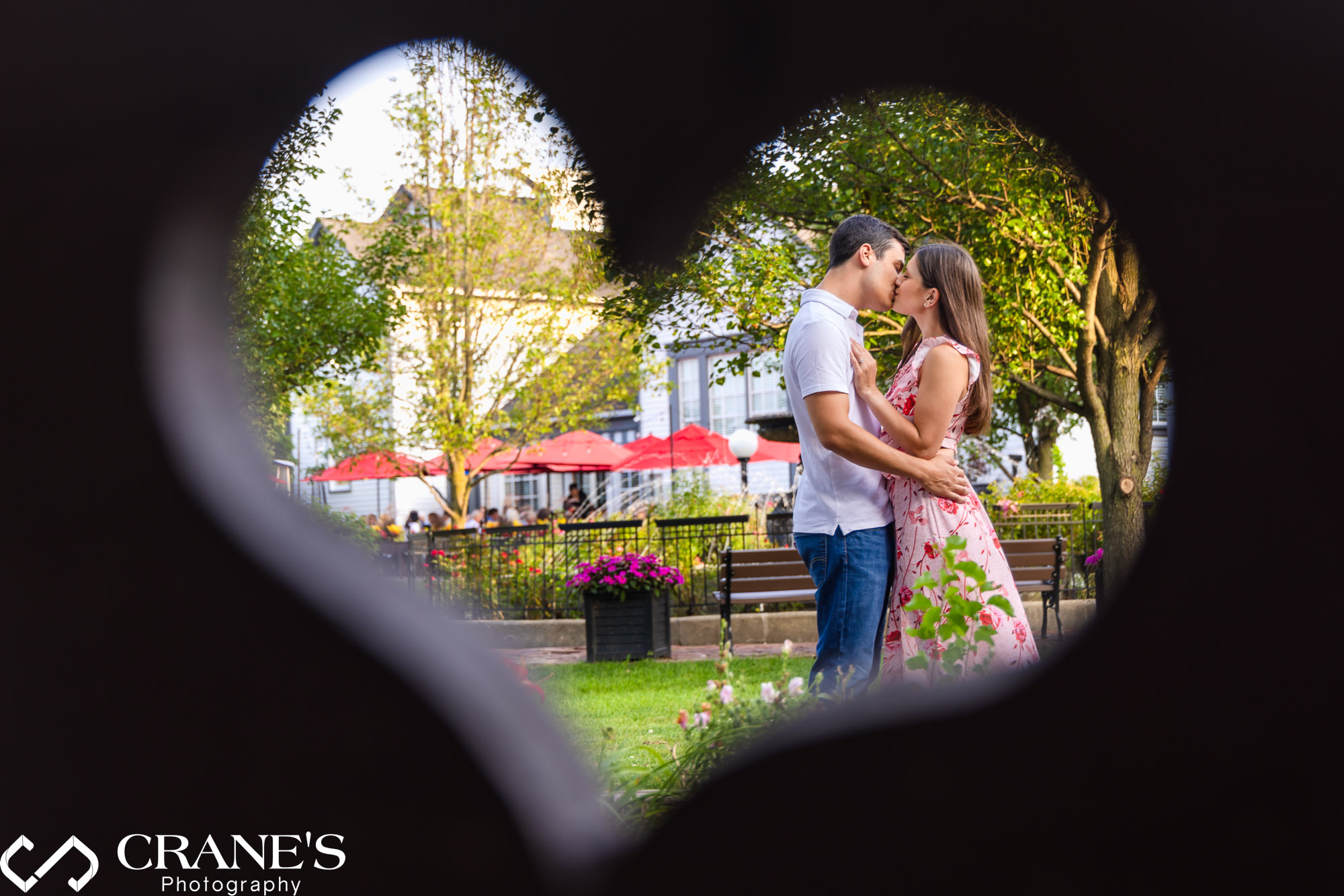 The hearts on the benches in downtown Long Grove offer a great photo opportunity for an engagement session,