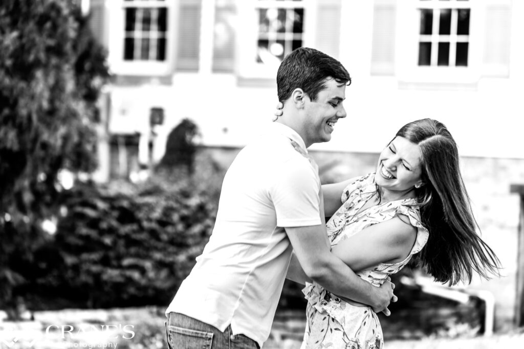 Candid engagement photos in downtown Long Grove, IL.