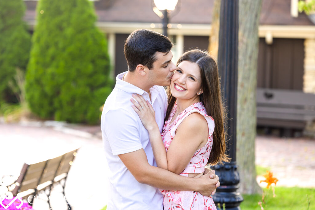 The golden hour sunlight in downtown Long Grove glows perfectly for engagement photos.