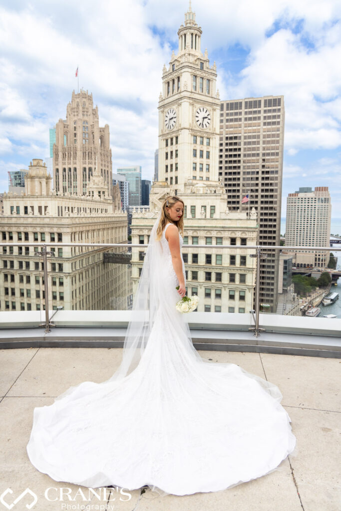 Bride posing for a wedding photo on the terrace of the 16th-floor at Trump Tower.