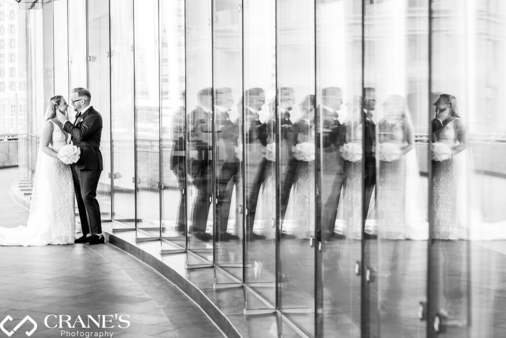 The combination of glass and metal of the exterior of Trump Tower provides an opportunity for stunning wedding photos.