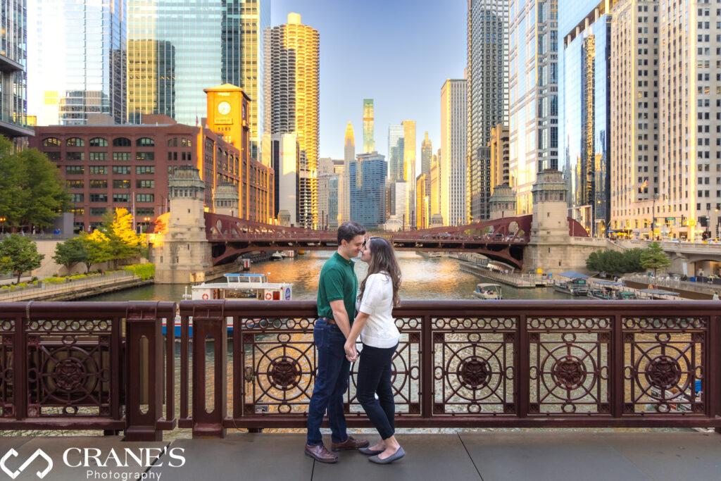 Chicago Riverwalk engagement offer great views of the city.