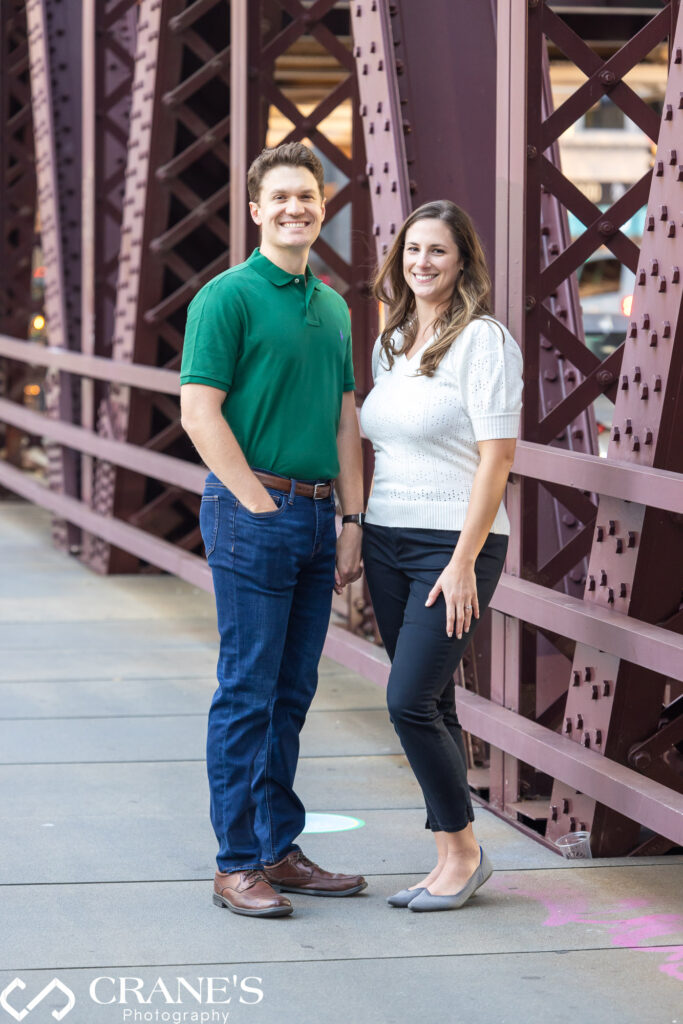 Chicago's Riverwalk bridges are popular background for an engagement session.