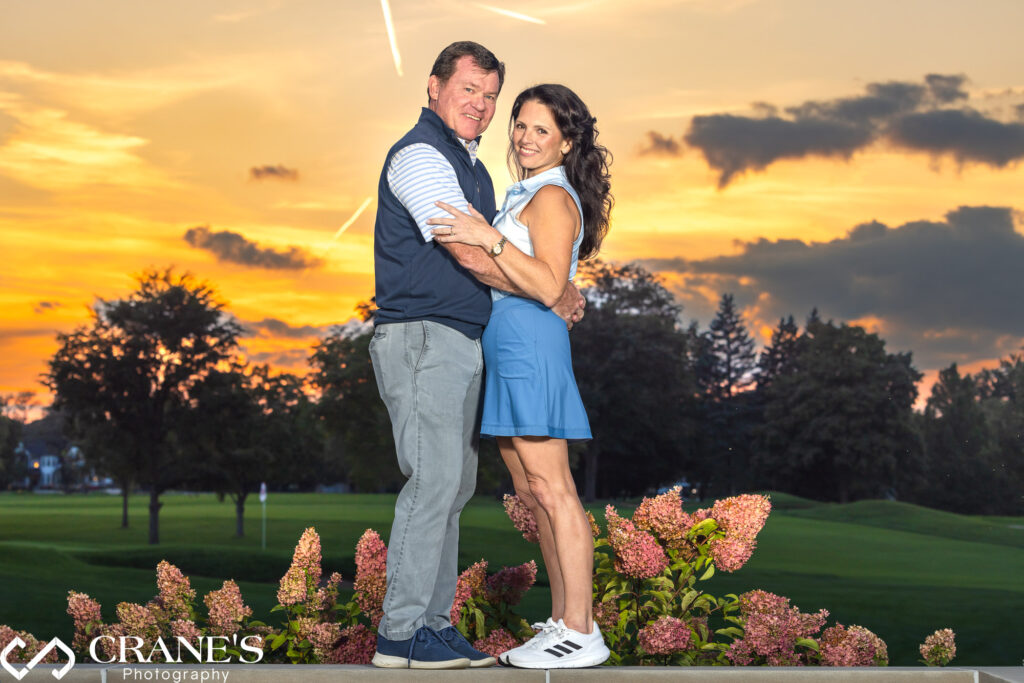 An engagement session at sunset at Hinsdale Golf Club.