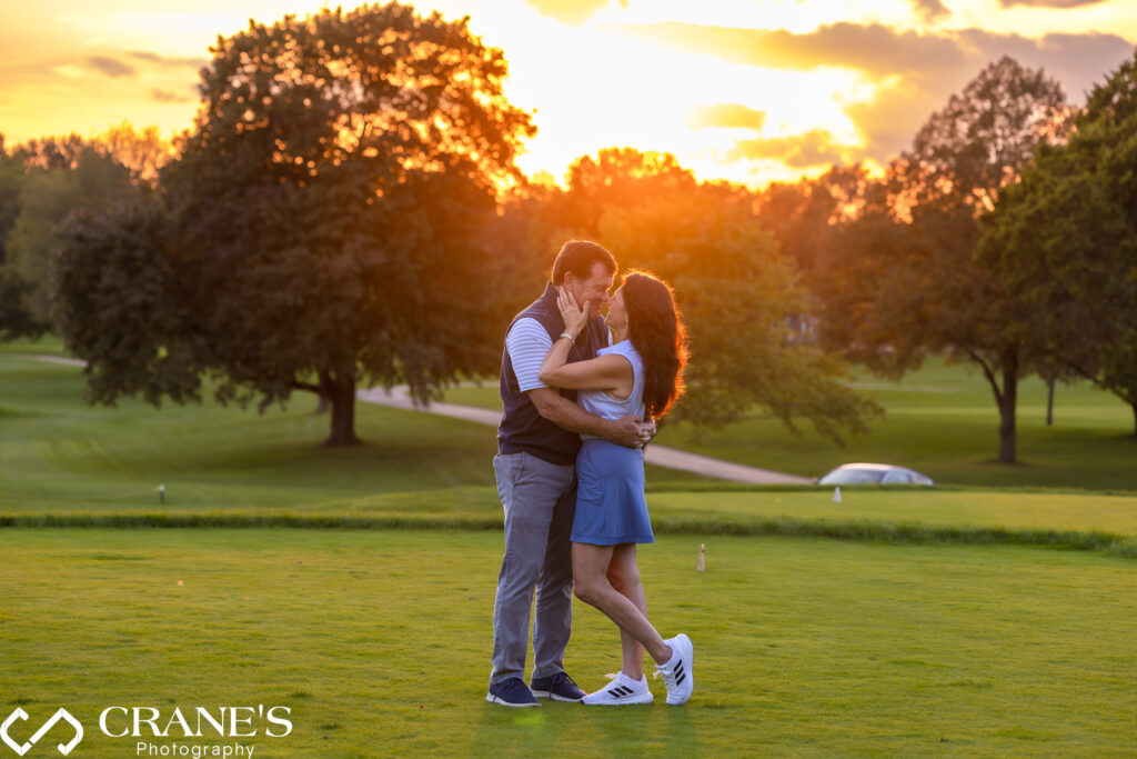Sunset engagement session at Hinsdale Golf Club