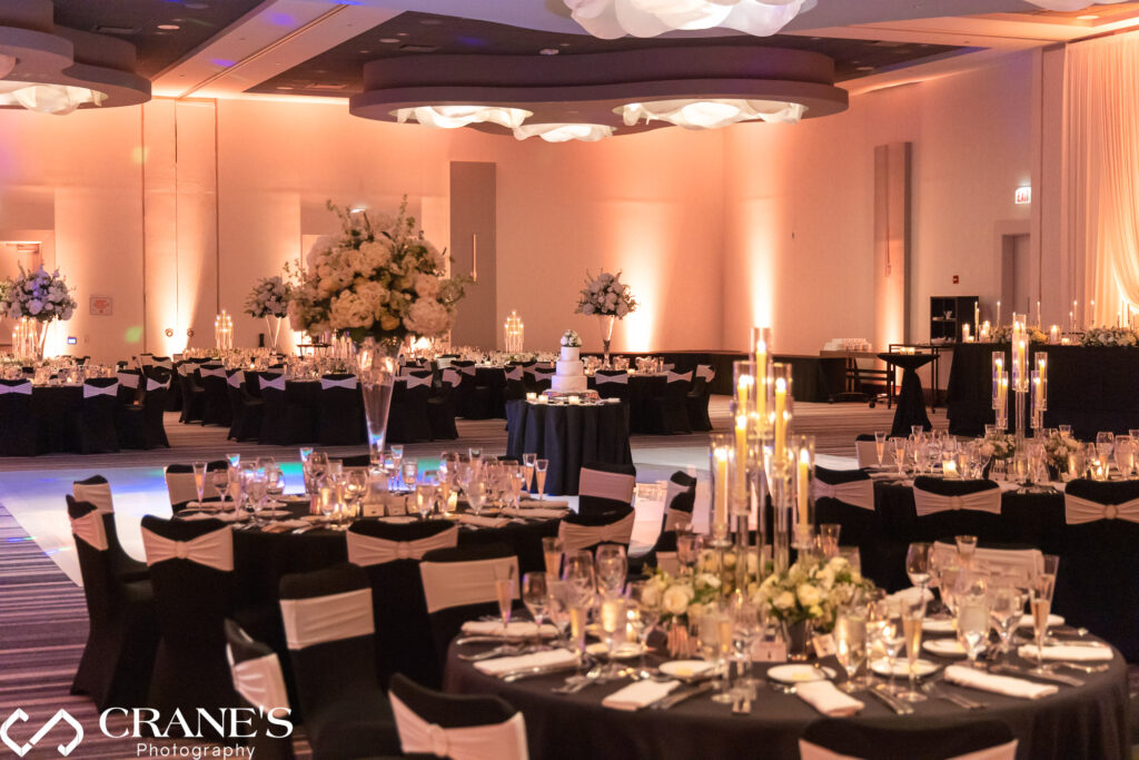 An elegant black and white-themed wedding reception at Loews Hotel in Rosemont.