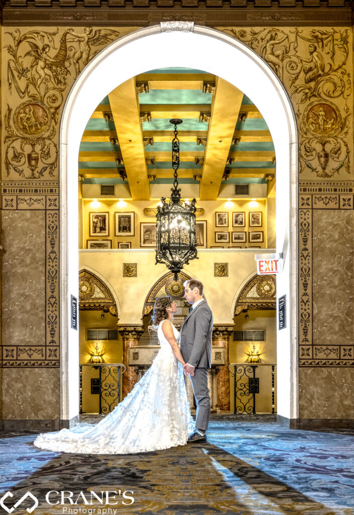 Beautiful wedding portrait in front of the Renaissance Ballroom at the InterContinental Hotel in Chicago.