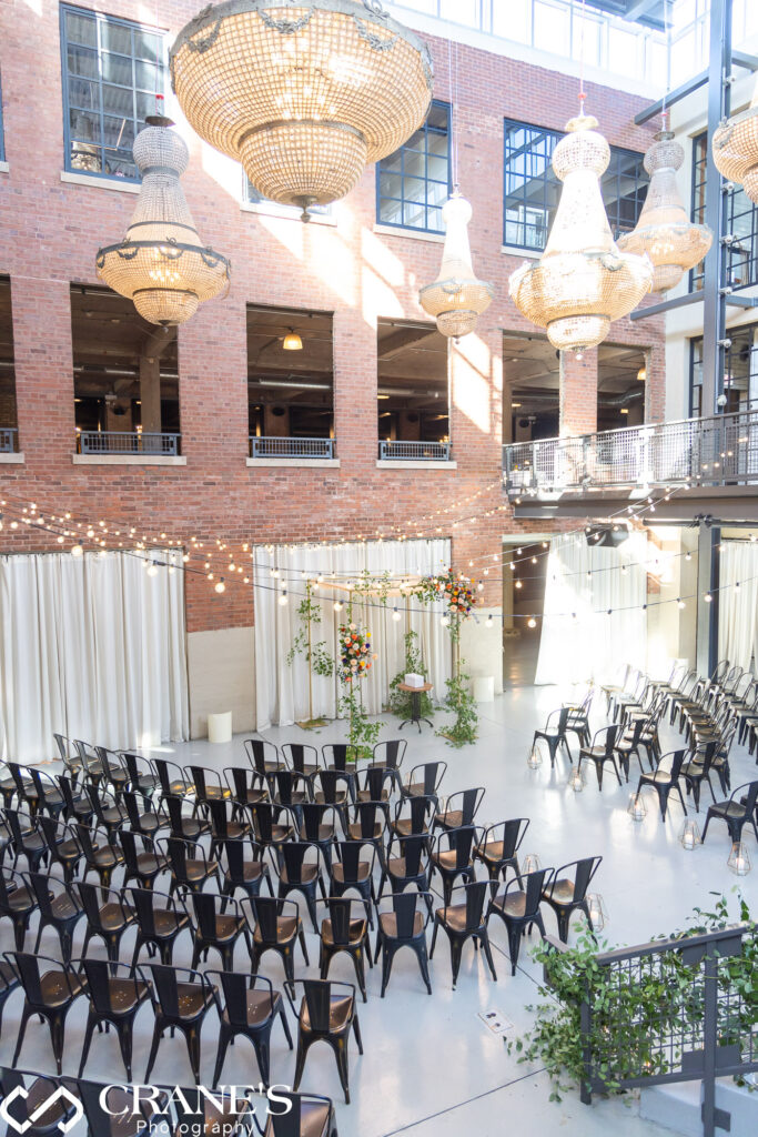 North Atrium of Artifact Events elegantly decorated for a Jewish wedding ceremony.