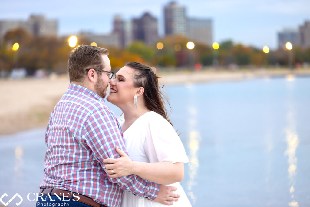 Romantic Lincoln Park Engagement photo on North Ave Beach after dusk