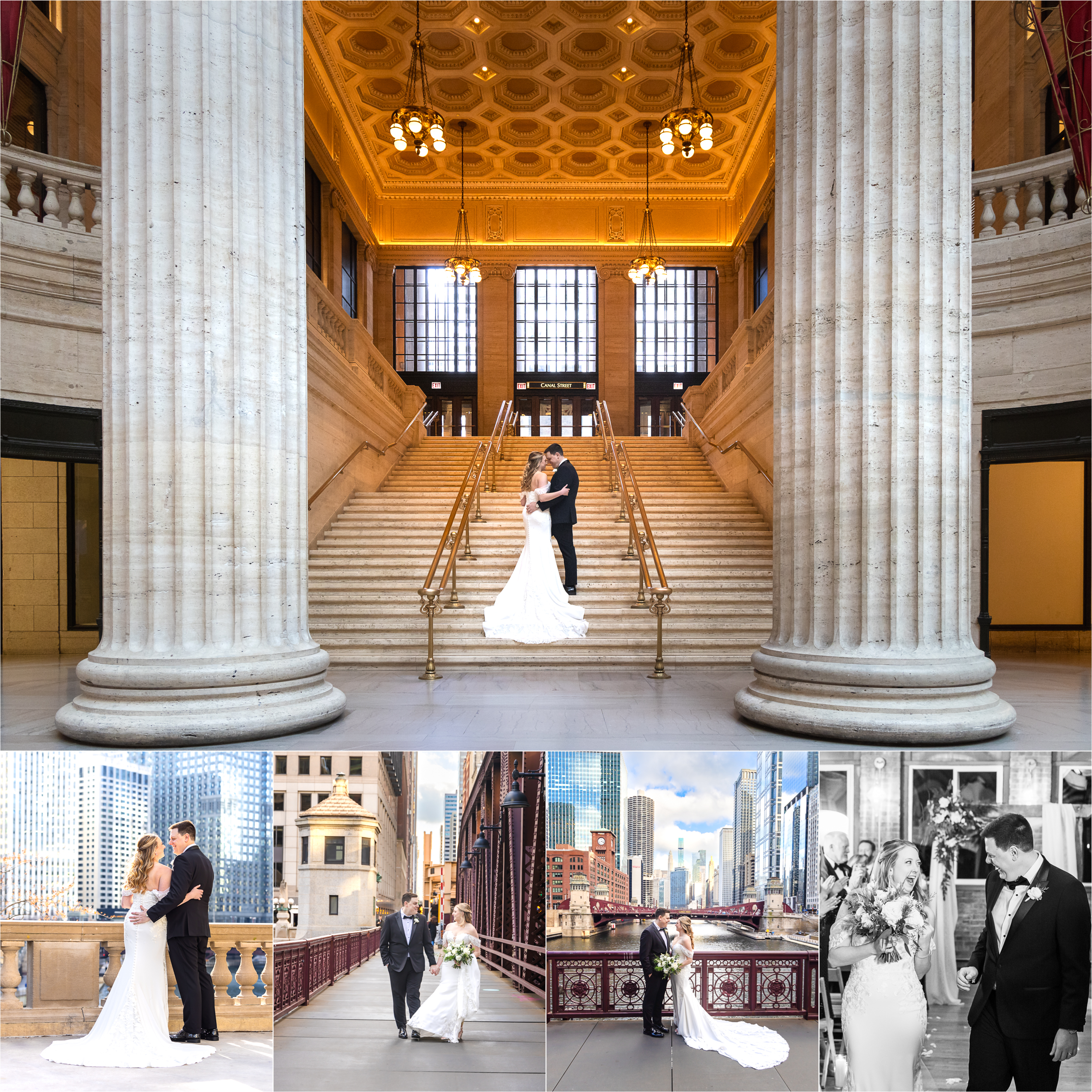 A collage of an elegant engagement session at The Rookery Building in Chicago