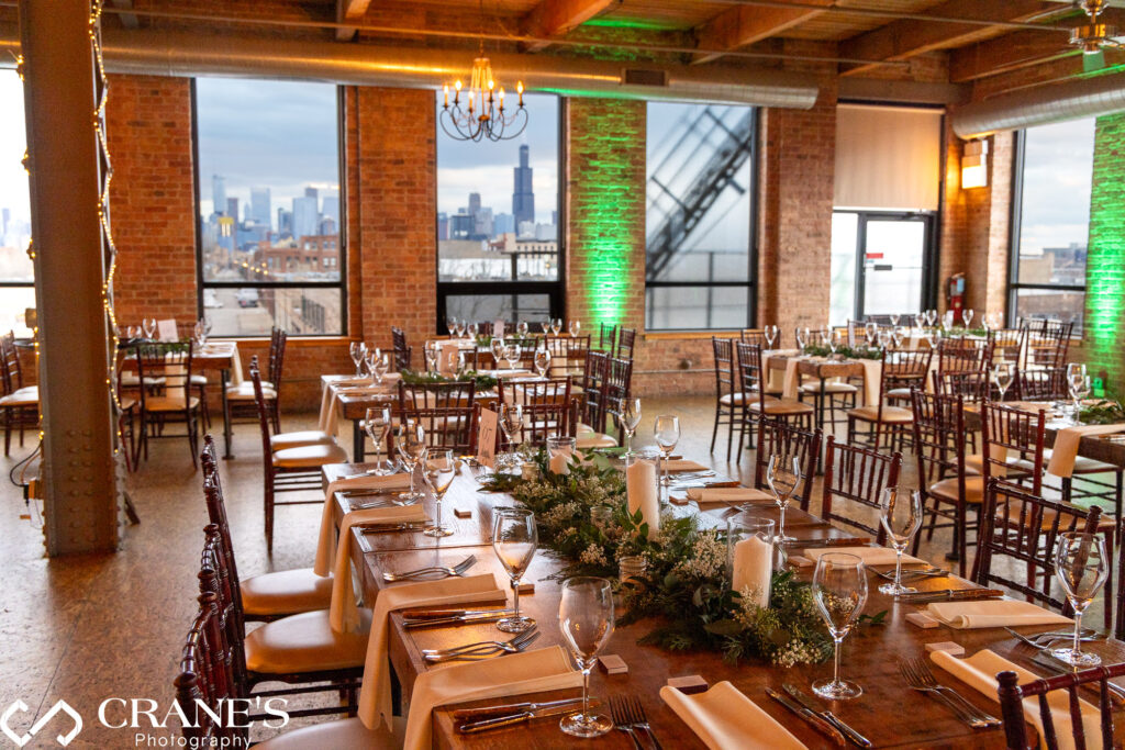 City View Loft is adorned for a winter wedding, with downtown Chicago providing a stunning backdrop through the windows.
