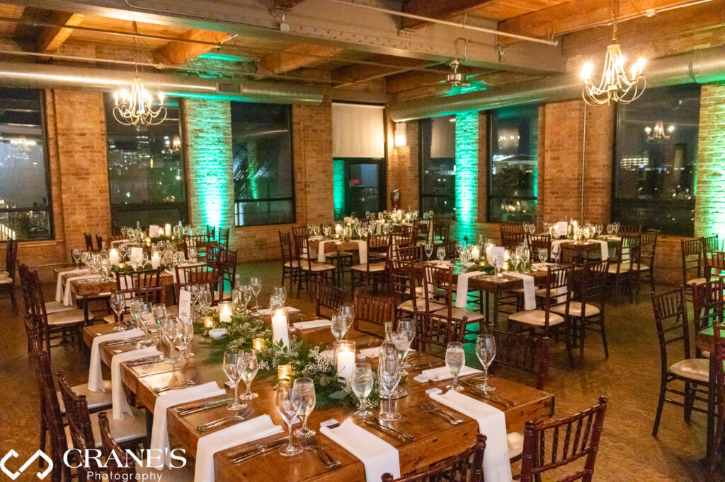 The main space of City View Loft is beautifully decorated for a winter wedding.