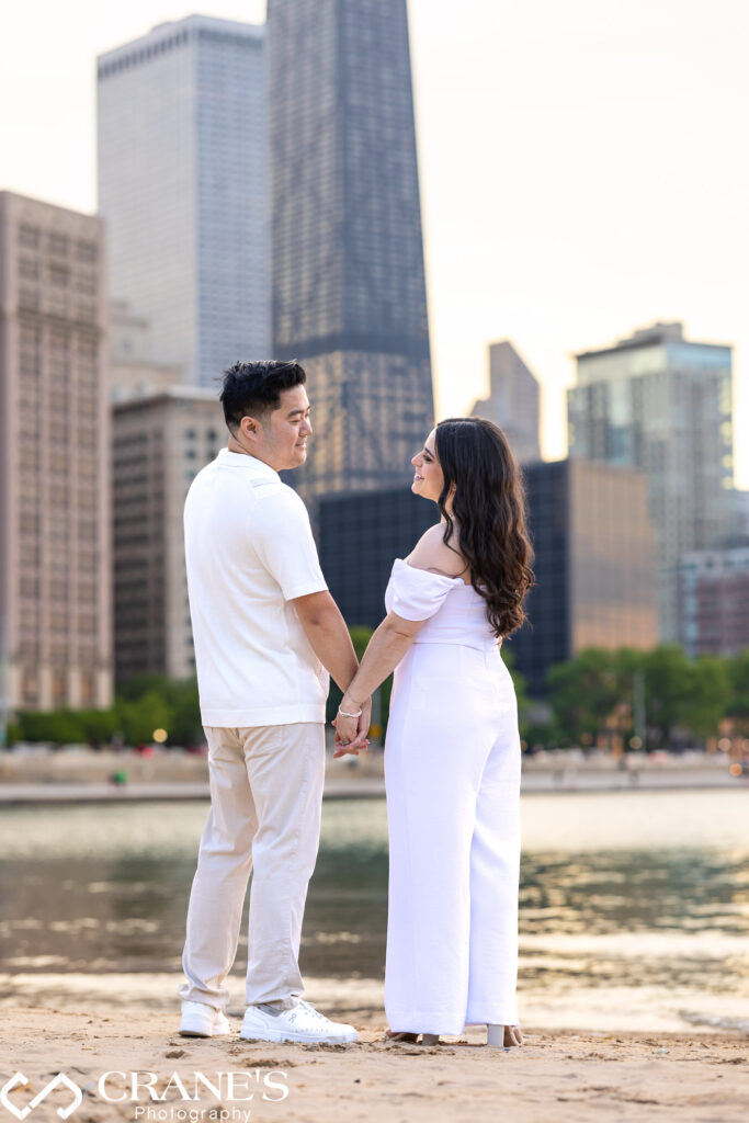 Olive Park engagement session at sunset with John Hancock Building in the background.