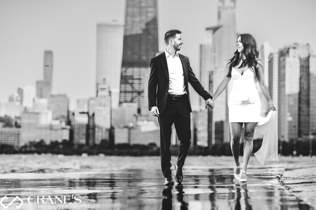 North Avenue Beach becomes a stage for a love story captured in a stunning, award-winning engagement photo. The elegance of the couple's attire and the golden light create a scene of timeless romance.