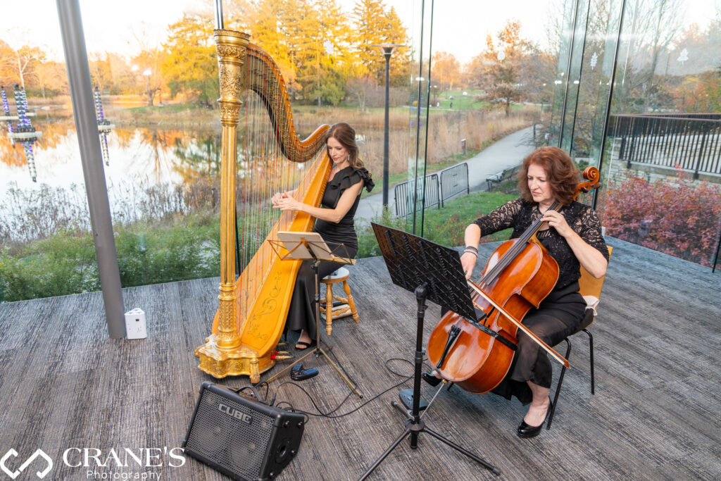 Musicians playing live music during the wedding ceremony, adding a melodic and elegant touch to the atmosphere at the Ginkgo Room at the Morton Arboretum.